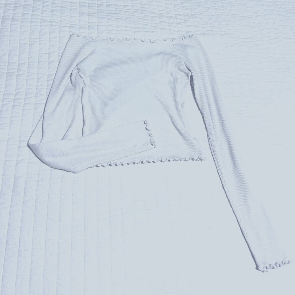 White Off the Shoulder Lettuce Trim Long Sleeves Shirt